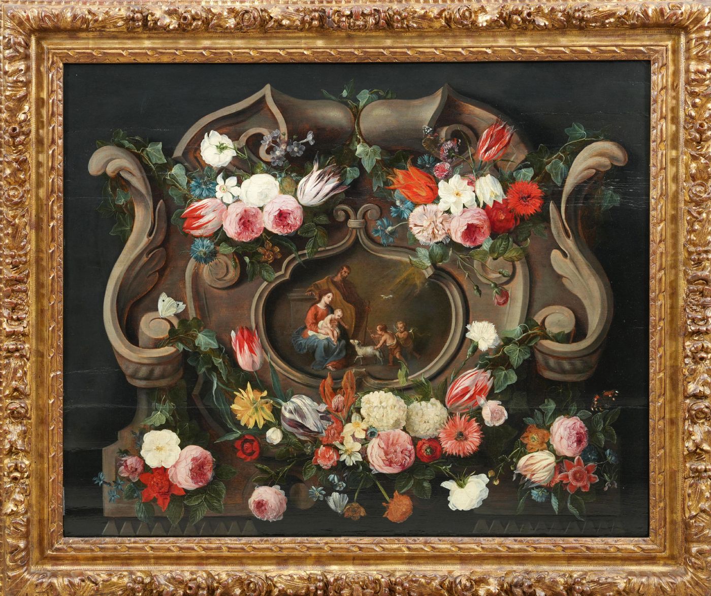 Jan van Kessel I y Jan van Balen, Naturaleza muerta con flores y mariposas, marco de trampantojo y escena sagrada, primera mitad del siglo XVII